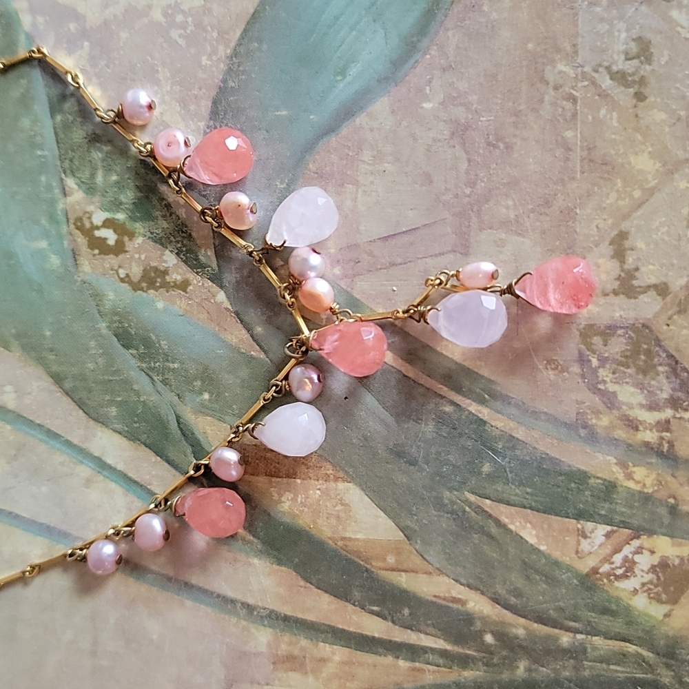 Pink Quartz Freshwater Pearls Gold Tone Y Necklace